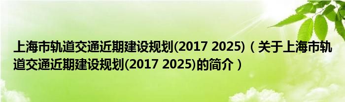 上海市軌道交通近期建設規劃(2017 2025)（關于上海市軌道交通近期建設規劃(2017 2025)的簡介）