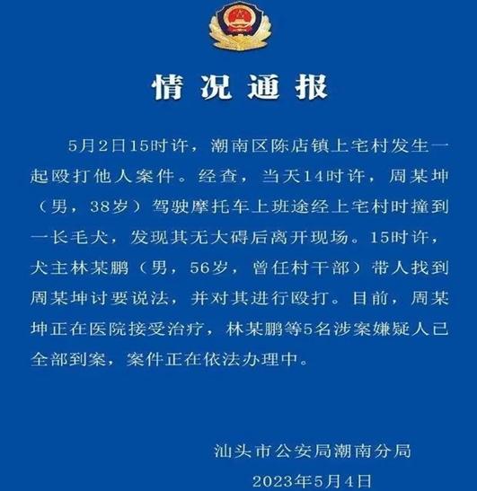 汕頭一村民因撞到狗被打，狗主人曾任村干部，5名涉案嫌疑人已被抓