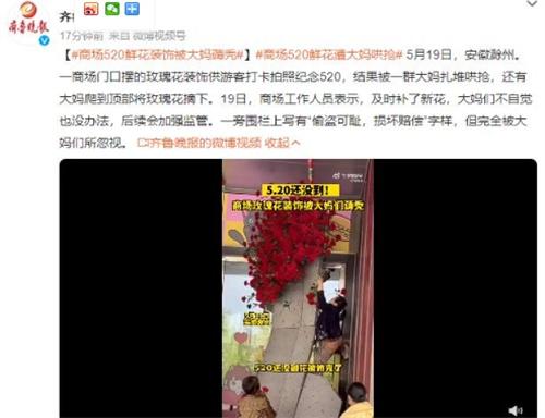 大媽哄搶商場520鮮花，頂部玫瑰花遭摘??！