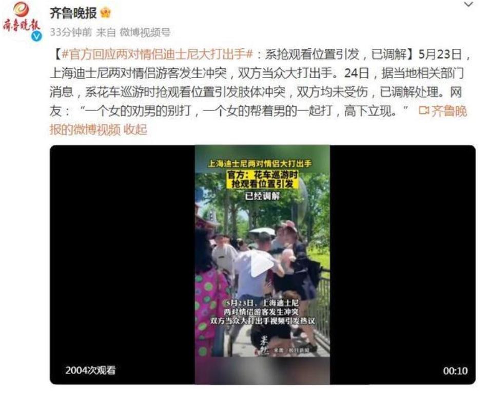 上海迪士尼花車搶位置引發(fā)情侶沖突，雙方當(dāng)眾大打出手！