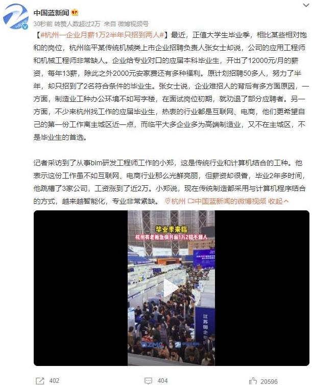 杭州傳統制造業崗位空缺，大學生就業傾向互聯網還是高薪傳統工作？