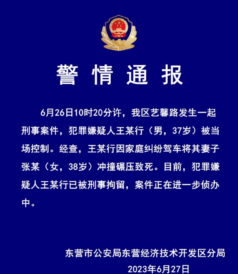 藝馨路慘案！東營經(jīng)濟技術開發(fā)區(qū)嫌犯駕車碾壓妻子致死