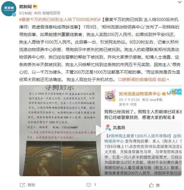 鄭州流浪動物領養中心尋狗啟事引發熱議，狗只已找到但懸賞金額引爭議
